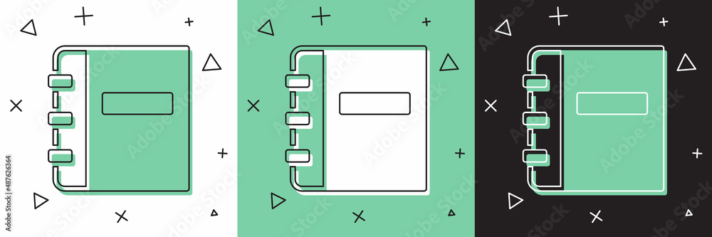 将笔记本图标隔离在白色和绿色、黑色背景上。螺旋形笔记本图标。学校笔记本