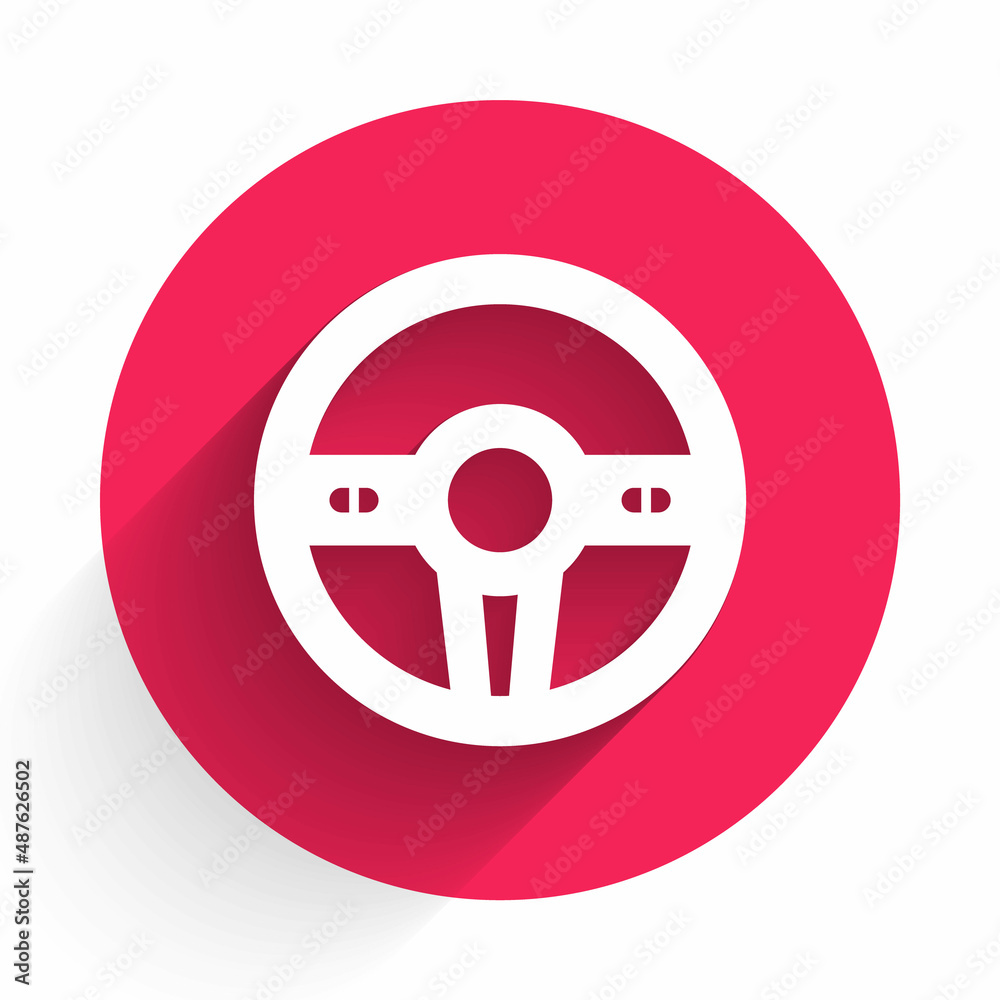 White Steering wheel icon isolated with long shadow background. Car wheel icon. Red circle button. V