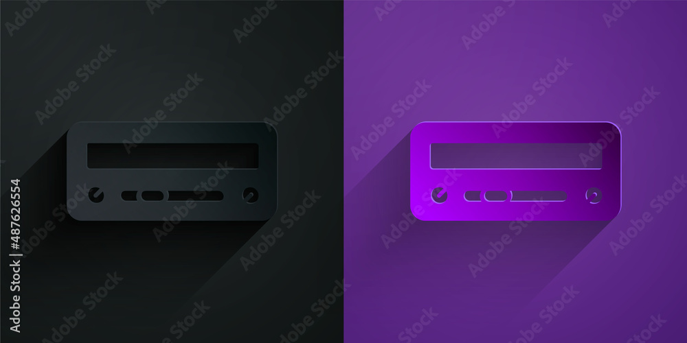 Paper cut Car audio icon isolated on black on purple background. Fm radio car audio icon. Paper art 