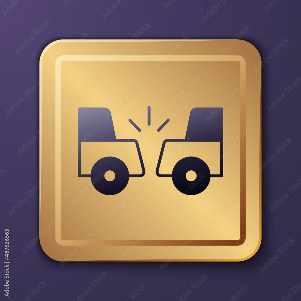 Purple Car accident icon isolated on purple background. Auto accident involving two cars. Gold squar