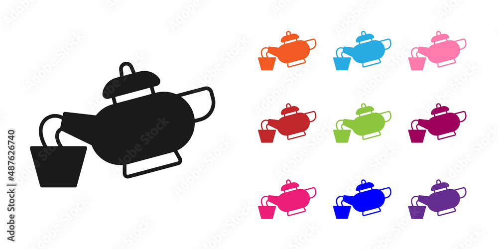 Black Traditional Chinese tea ceremony icon isolated on white background. Teapot with cup. Set icons