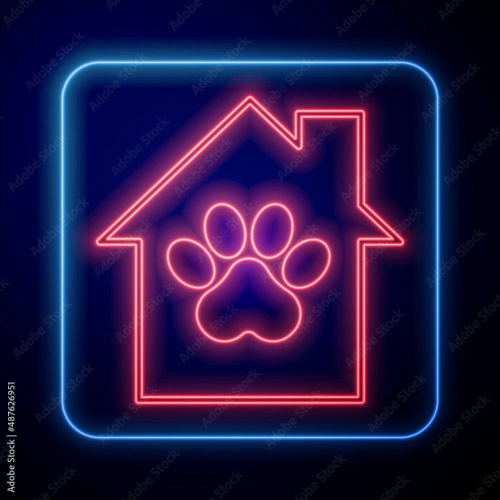 Glowing neon Pet house icon isolated on black background. Vector