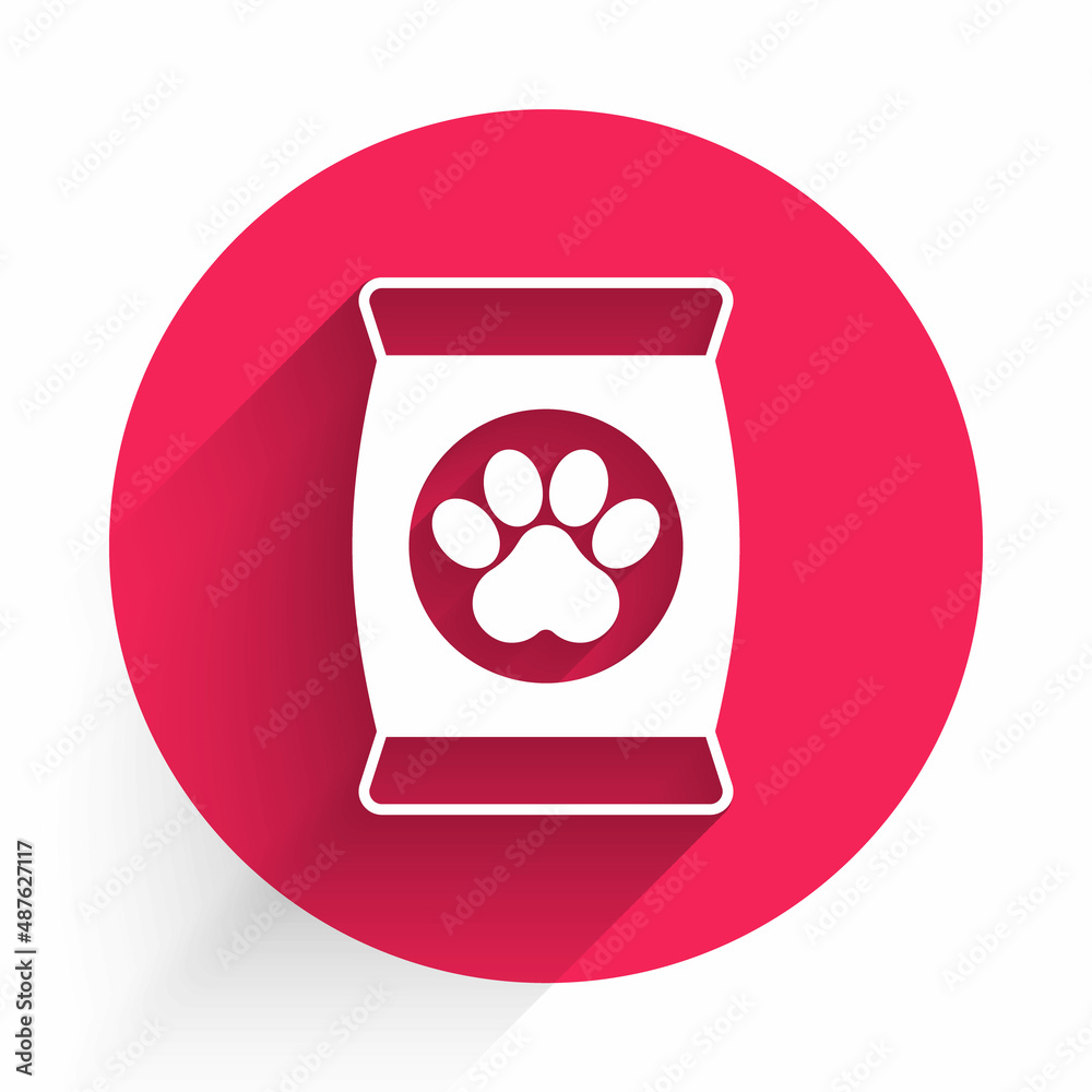 White Bag of food for pet icon isolated with long shadow background. Food for animals. Dog bone sign