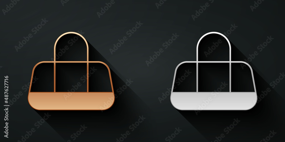 Gold and silver Sport bag icon isolated on black background. Long shadow style. Vector