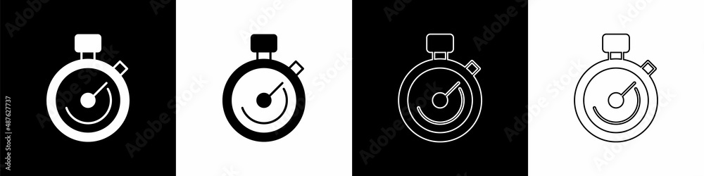 Set Stopwatch icon isolated on black and white background. Time timer sign. Chronometer sign. Vector