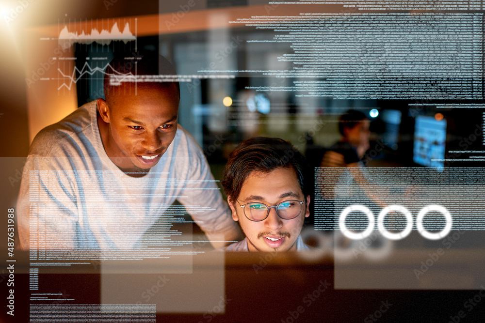 Getting this done before we reach the deadline. Shot of computer programmers looking through data in