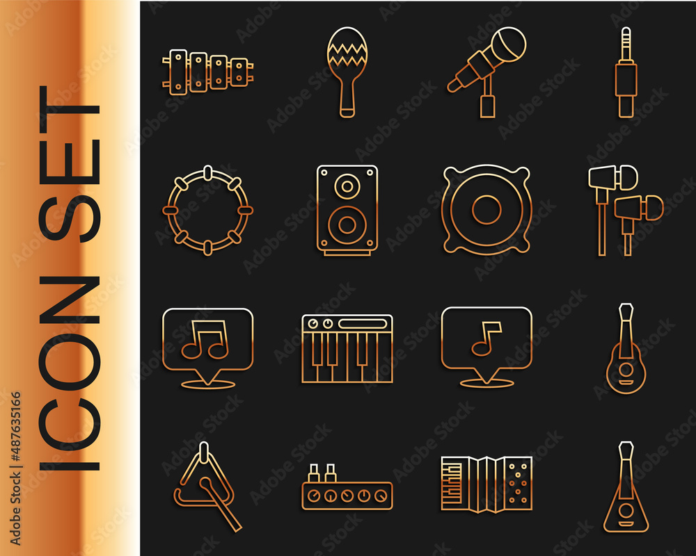 Set line Guitar, Air headphones, Microphone, Stereo speaker, Tambourine, Xylophone and icon. Vector