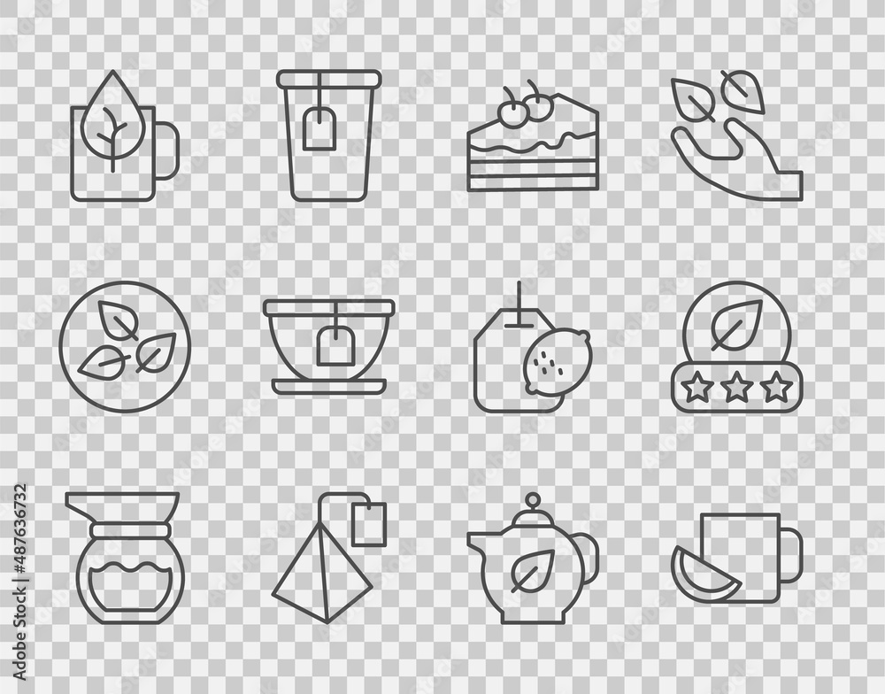 Set line Teapot, Cup of tea with lemon, Piece cake, bag, leaf, and icon. Vector