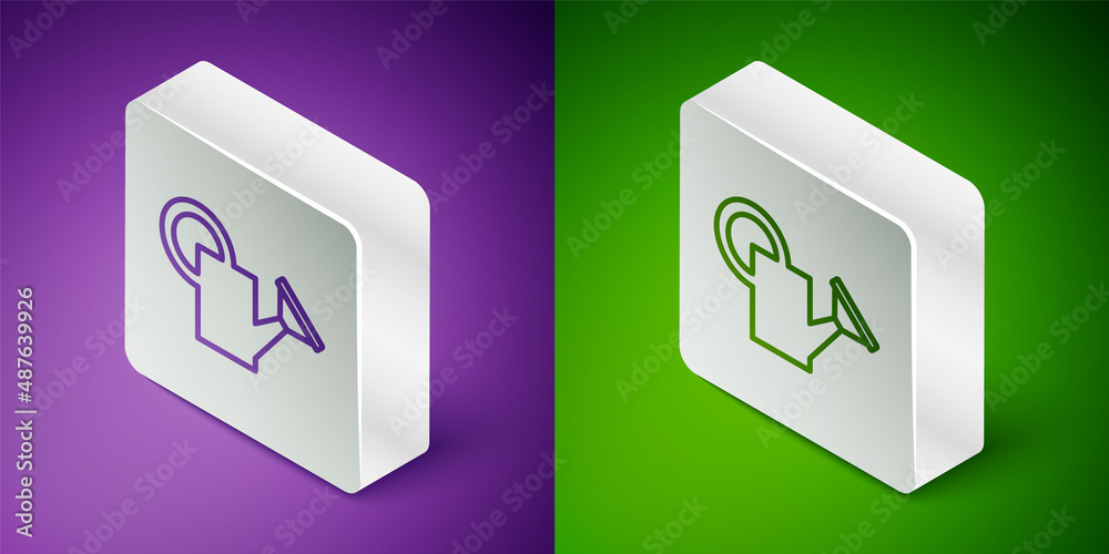 Isometric line Watering can icon isolated on purple and green background. Irrigation symbol. Silver 