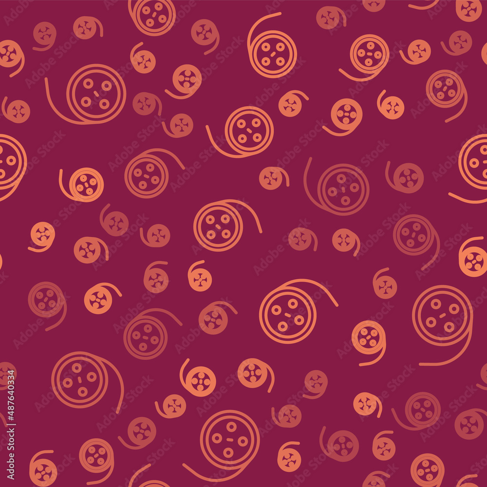 Brown line Film reel icon isolated seamless pattern on red background. Vector