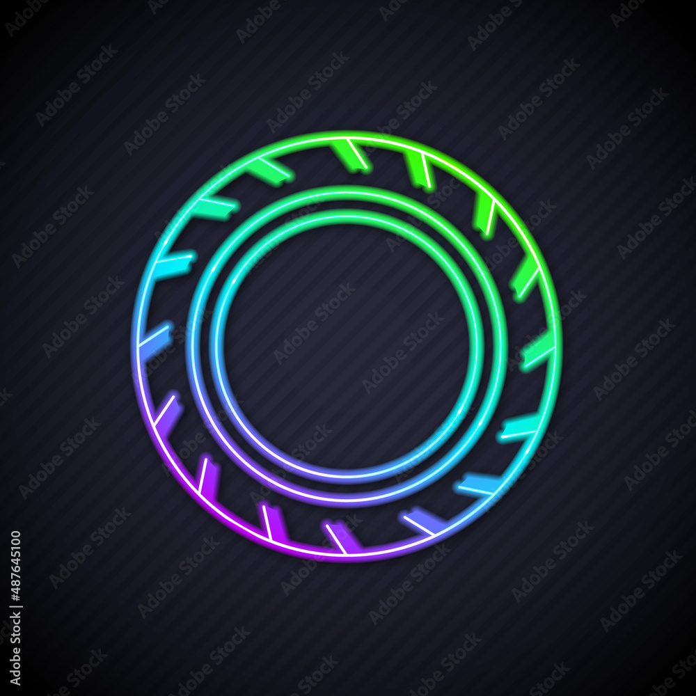 Glowing neon line Car tire wheel icon isolated on black background. Vector