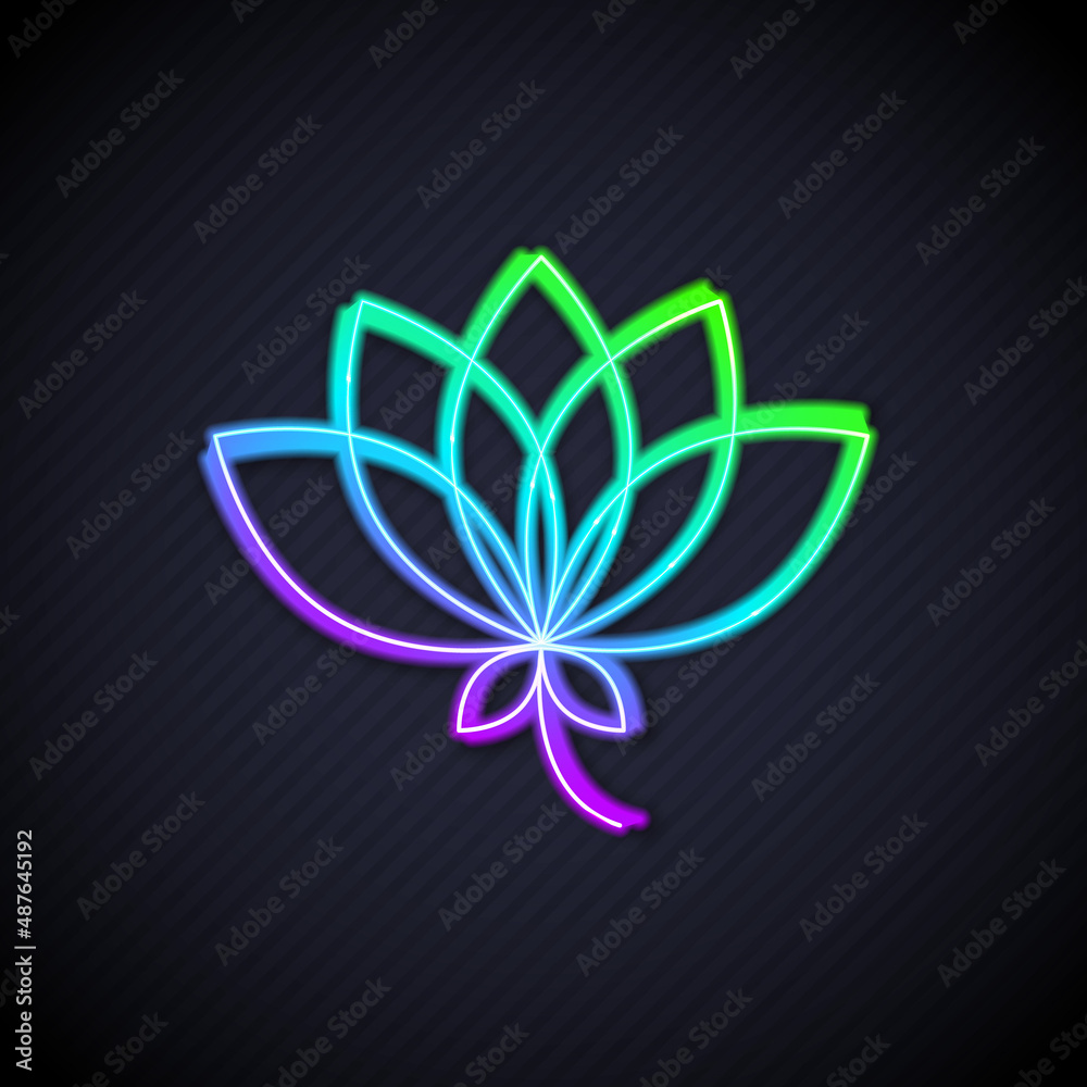 Glowing neon line Lotus flower icon isolated on black background. Vector