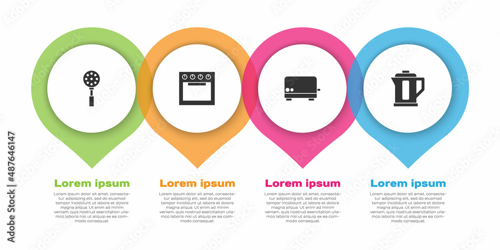 设置抹刀、烤箱、烤面包机和电热水壶。商业信息图模板。矢量
