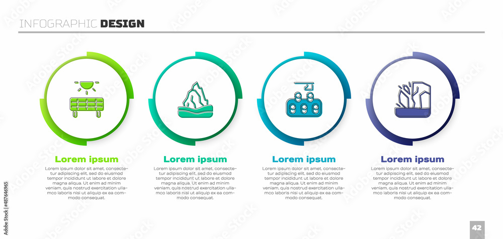 Set Solar energy panel, Iceberg, Deforestation and Glacier melting. Business infographic template. V