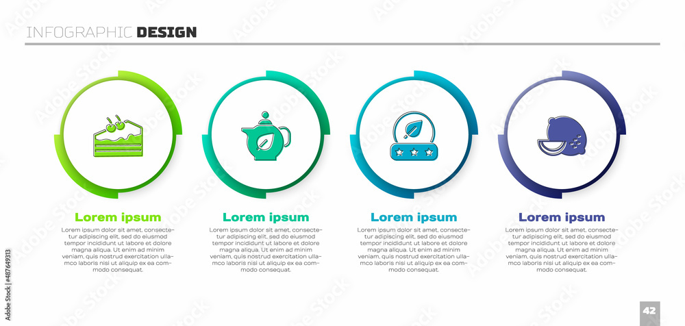 Set Piece of cake, Teapot with leaf, and Lemon. Business infographic template. Vector