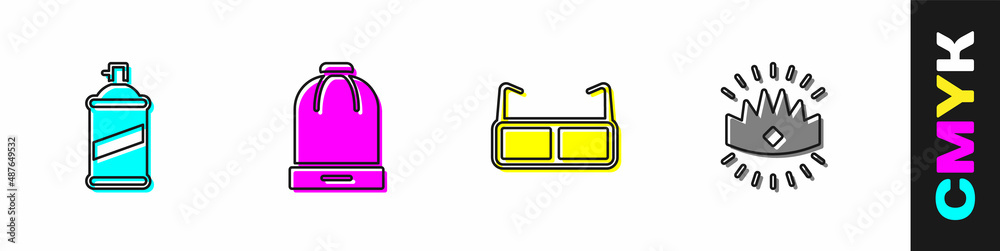 设置喷漆罐、冬季帽子、眼镜和国王皇冠图标。矢量