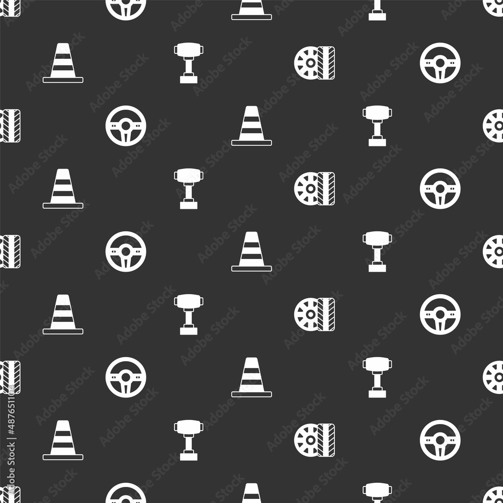 Set Car tire wheel, Steering, Traffic cone and Gear shifter on seamless pattern. Vector