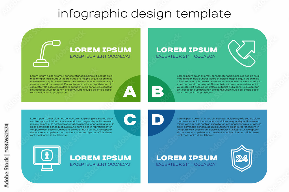 Set line Monitor with information, Microphone, Telephone 24 hours support and . Business infographic