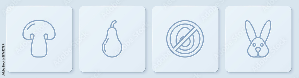 Set line Mushroom, No meat, Pear and Animal cruelty free. White square button. Vector