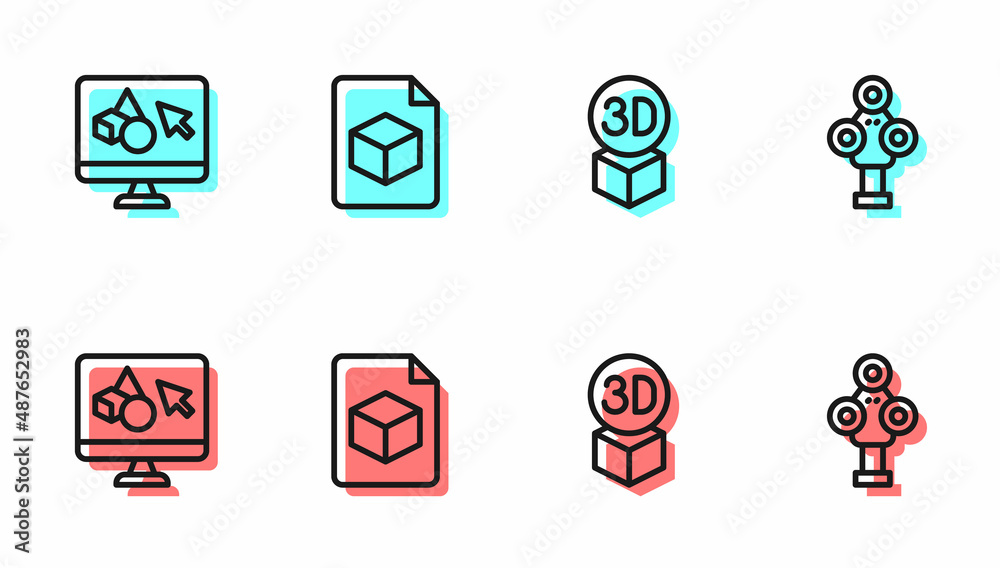 Set line Isometric cube, 3D printer software, file and scanner icon. Vector