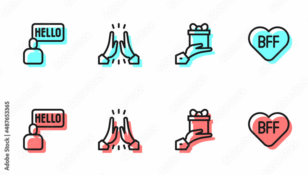 Set line Give gift, Acquaintance, Informal greeting and BFF best friends forever icon. Vector