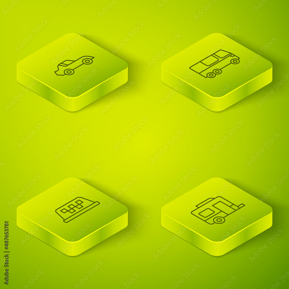 Set Isometric line Bus, Taxi car roof, Rv Camping trailer and Car icon. Vector