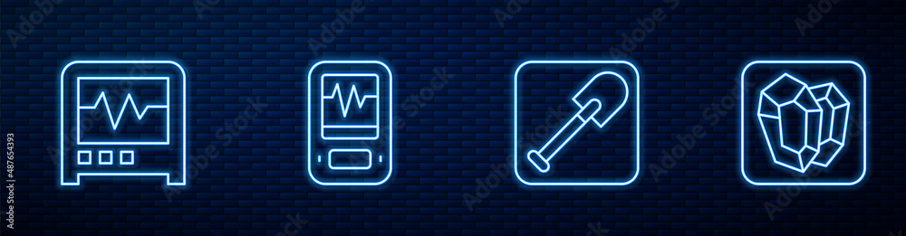 设置线铲子、地震仪和宝石。砖墙上闪闪发光的霓虹灯图标。矢量
