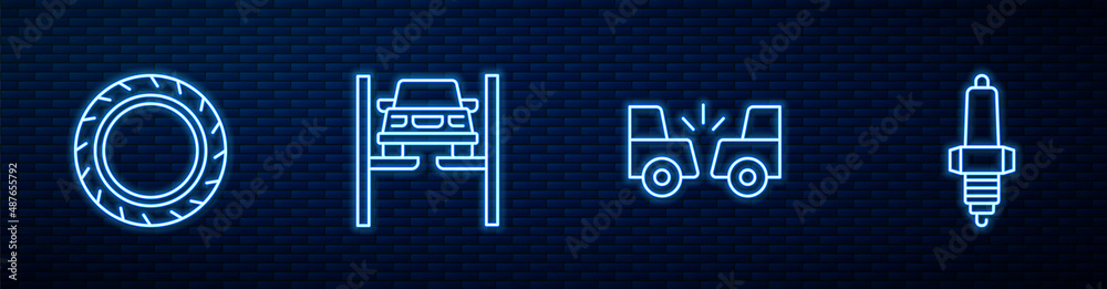 Set line Car accident, tire wheel, Repair car on lift and spark plug. Glowing neon icon on brick wal