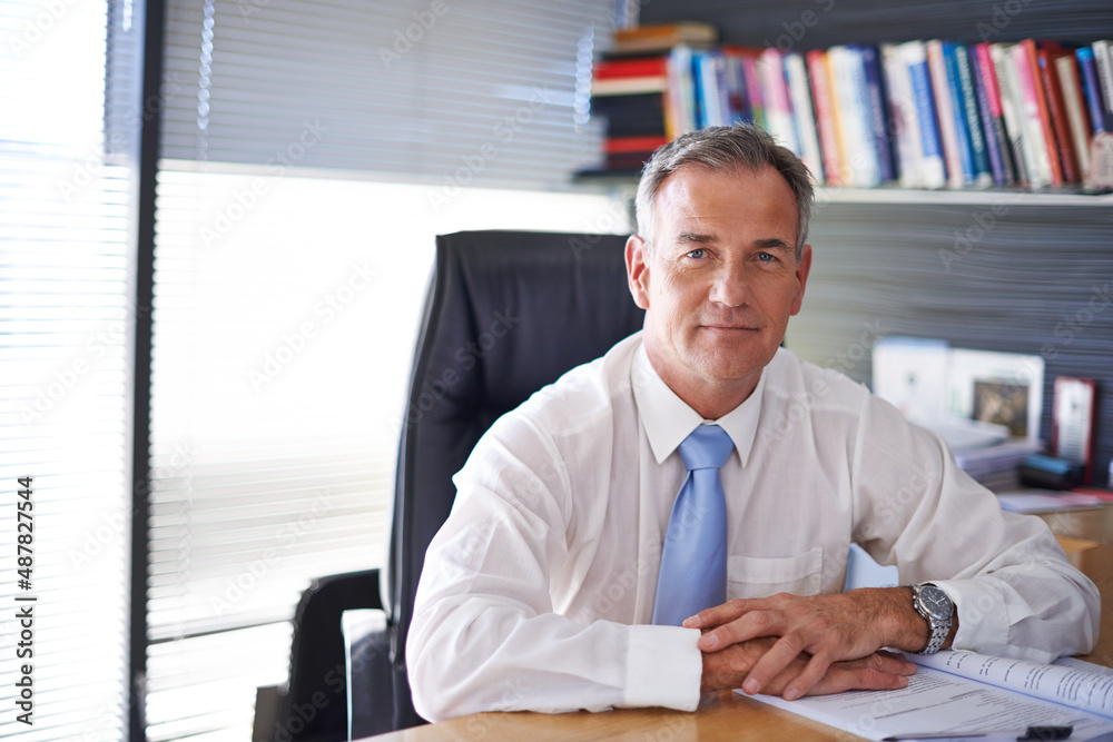 Ive worked hard to get here. Portrait of a handsome mature businessman sitting in his office.