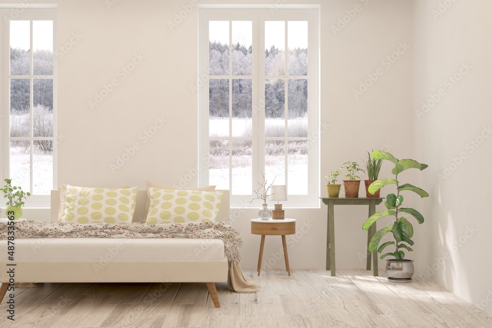 Stylish bedroom in white color with winter landscape in window. Scandinavian interior design. 3D ill