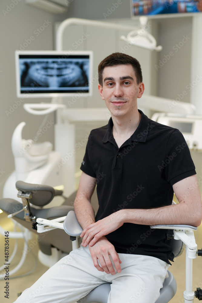 Young medical specialist dentist in modern hospital. Dental healthcare treatment specialist.