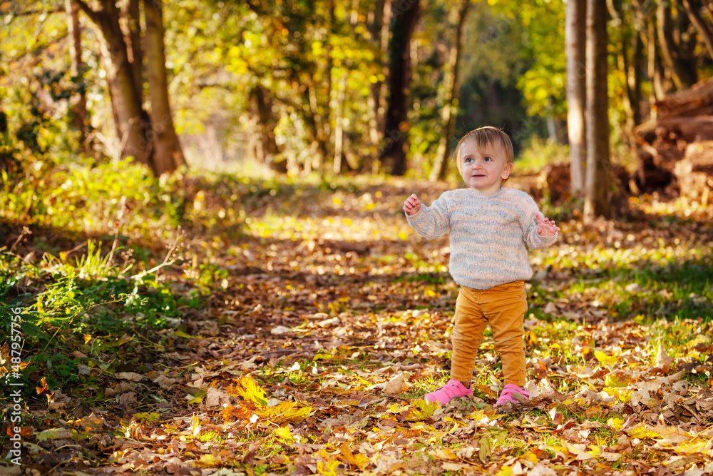 Sad frightened little girl in autumn forest