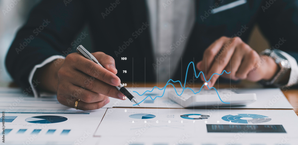 Business analysis, strategy and planning concept. Businessman, finance analyst working on digital ta