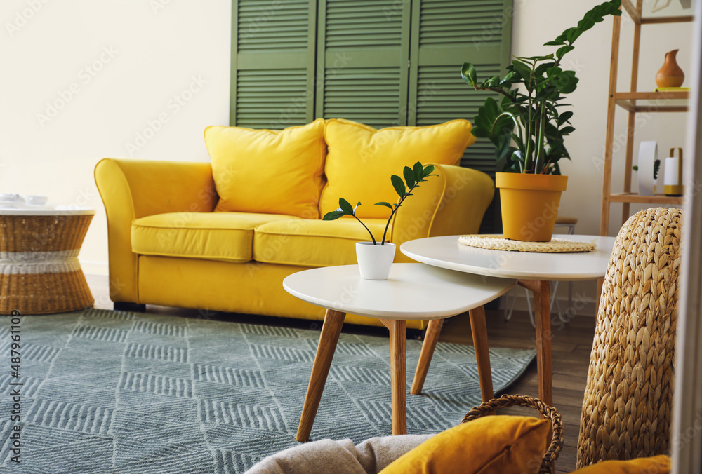 Interior of modern living room with coffee tables and houseplants