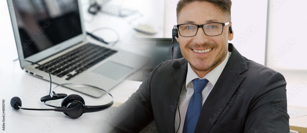 Business people wearing headset working in office to support remote customer or colleague. Call cent