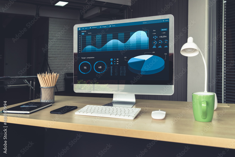 Business data dashboard analysis by ingenious computer software . Investment application display bus