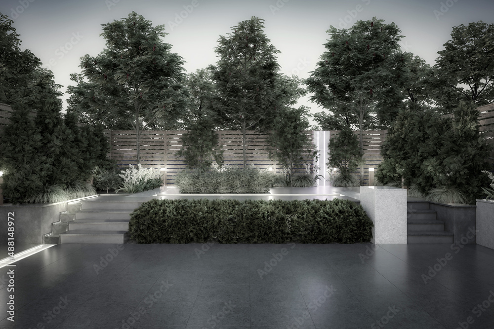 Empty Garden Patio - black and white 3d visualization