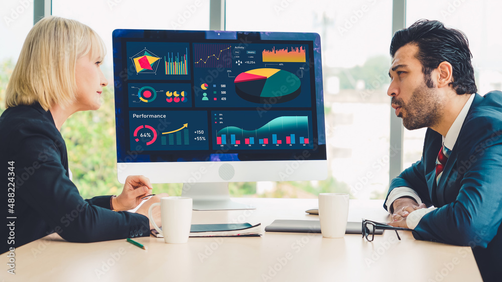 Business data dashboard analysis by ingenious computer software . Investment application display bus