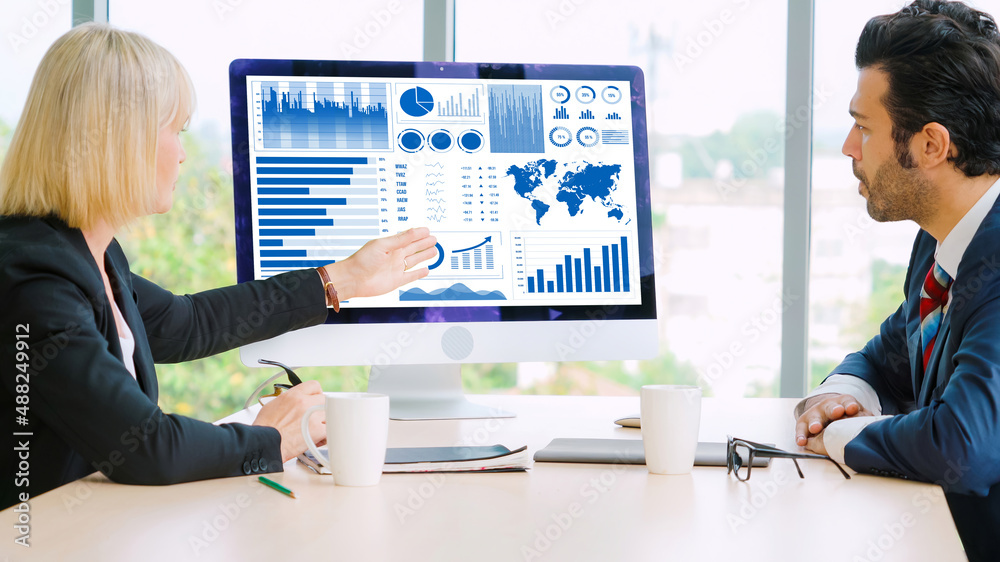 Business data dashboard analysis by ingenious computer software . Investment application display bus