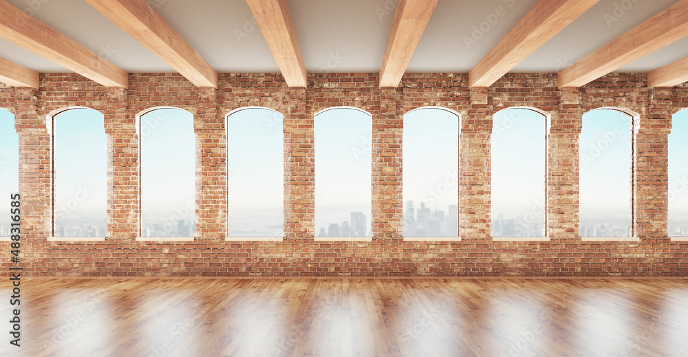 Loft studio Interior in old house. Big windows, brick red wall. 3d rendering.