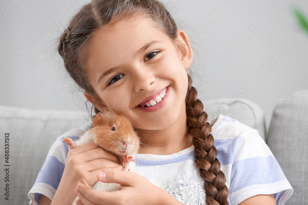 Little girl with cute guinea pig at home