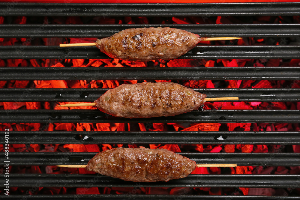 Skewers with tasty lula kebab on grill