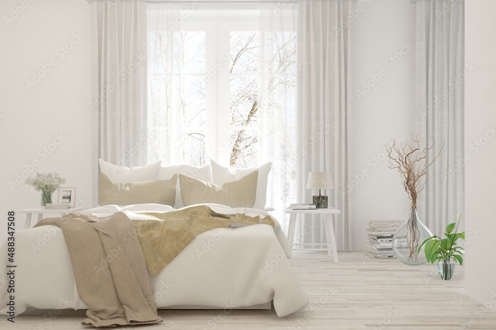 White bedroom interior. Scandinavian design. 3D illustration