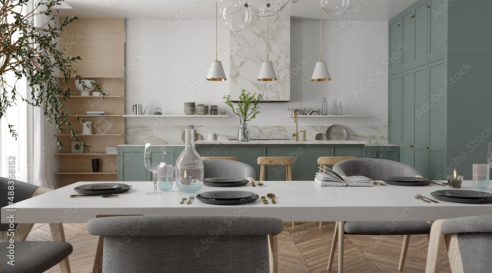 Modern interior of kitchen with living room	