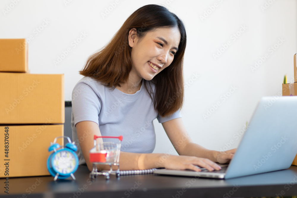 Happy smiling Asian woman starting a small e-commerce business working on an internet laptop.