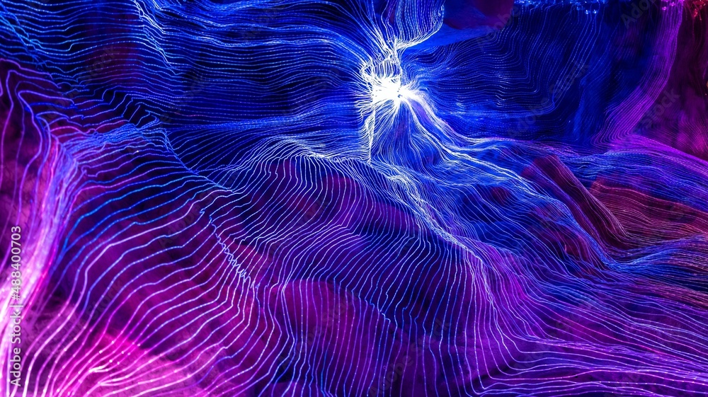 Abstract wave of digital weave lines connecting network dots and dark background . Modern 3D mesh pa