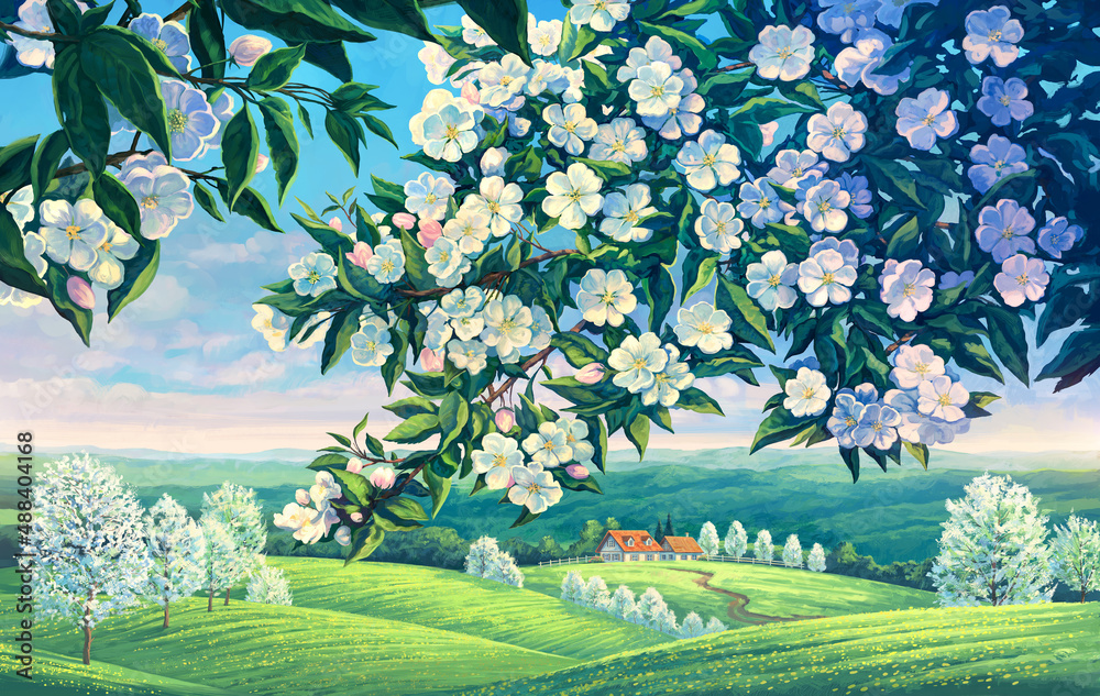 Spring rural landscape with flowering branches of an apple tree in the foreground and a village in t