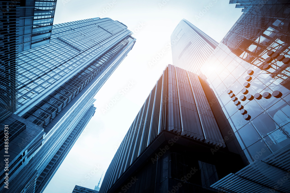 Close-up of exterior facades and buildings of skyscrapers in financial district outdoor