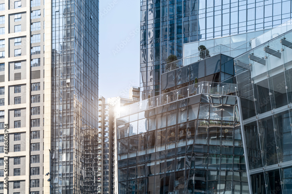 Close-up of exterior facades and buildings of skyscrapers in financial district outdoor