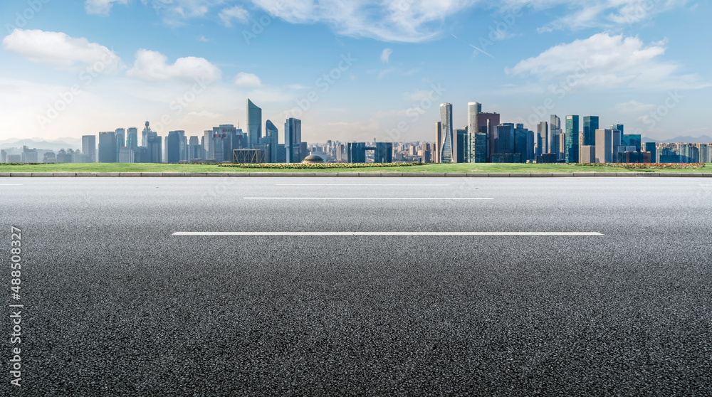 Road and Chinese modern city buildings background